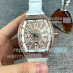 Copy Franck Muller Vanguard V45 Diamond Watch Rose Gold Case White Leather